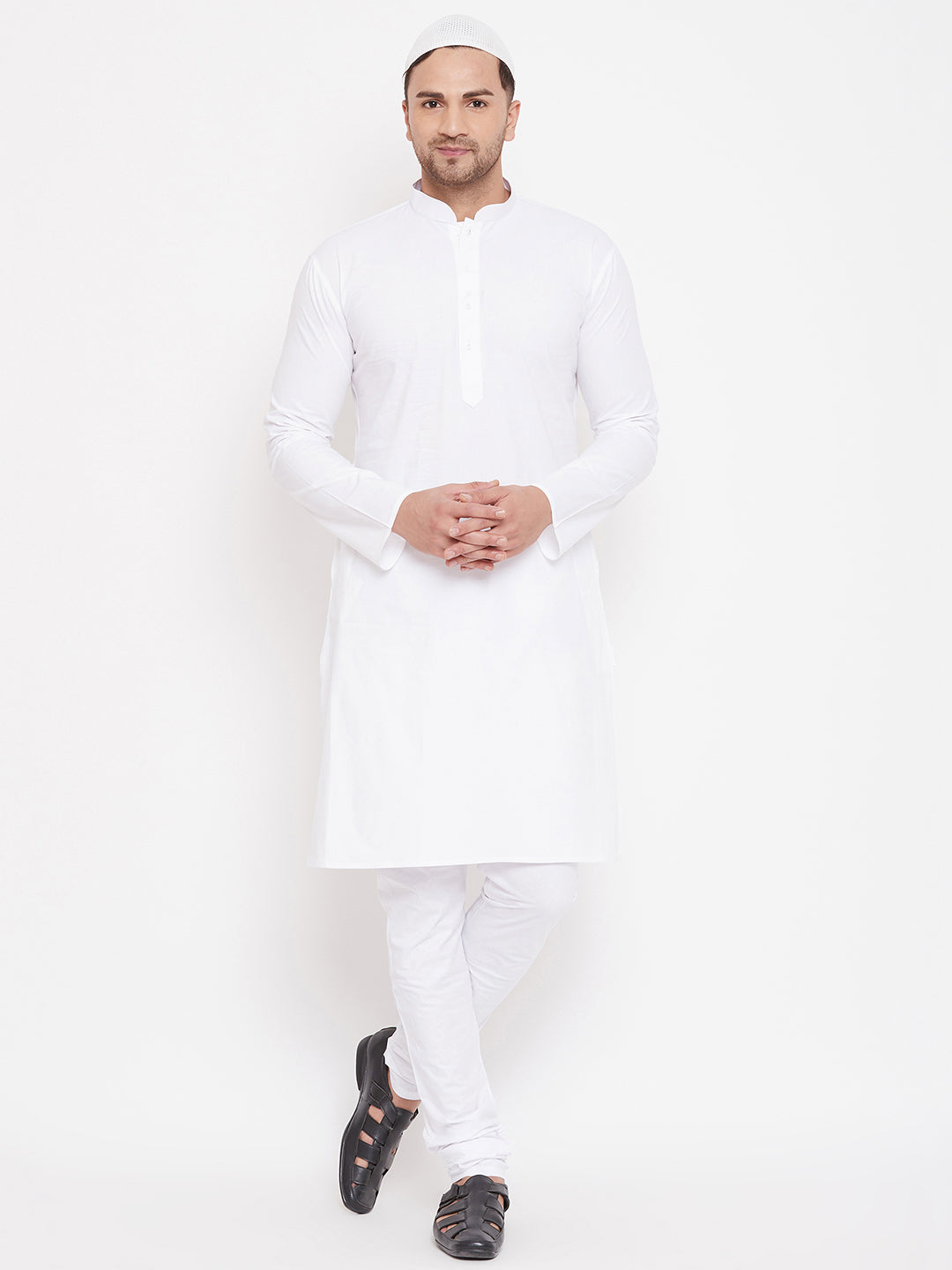 Men's White Cotton Blend Kurta Pyjama Set