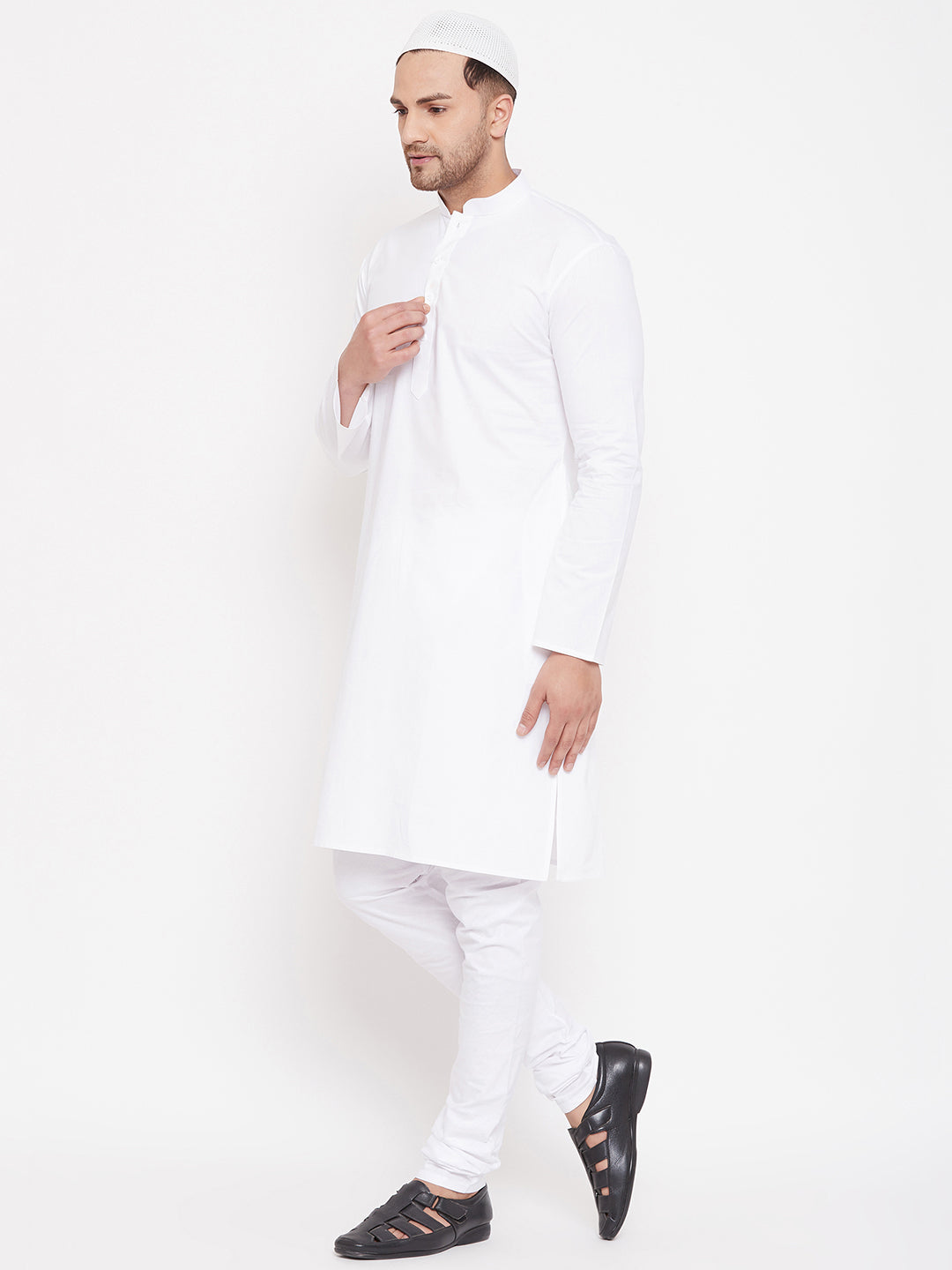 Men's White Cotton Blend Kurta Pyjama Set