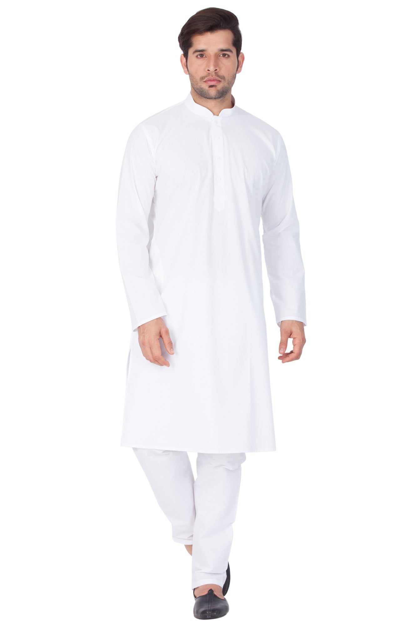 Men's White Cotton Blend Kurta Pyjama Set