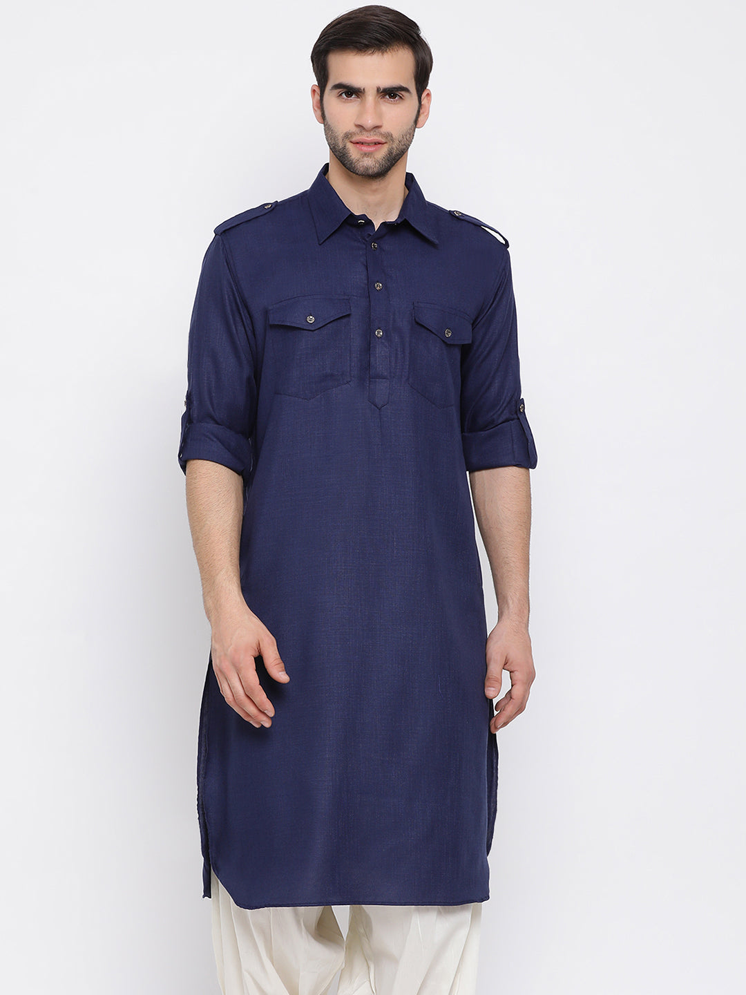 Men's Blue Cotton Blend Pathani Kurta