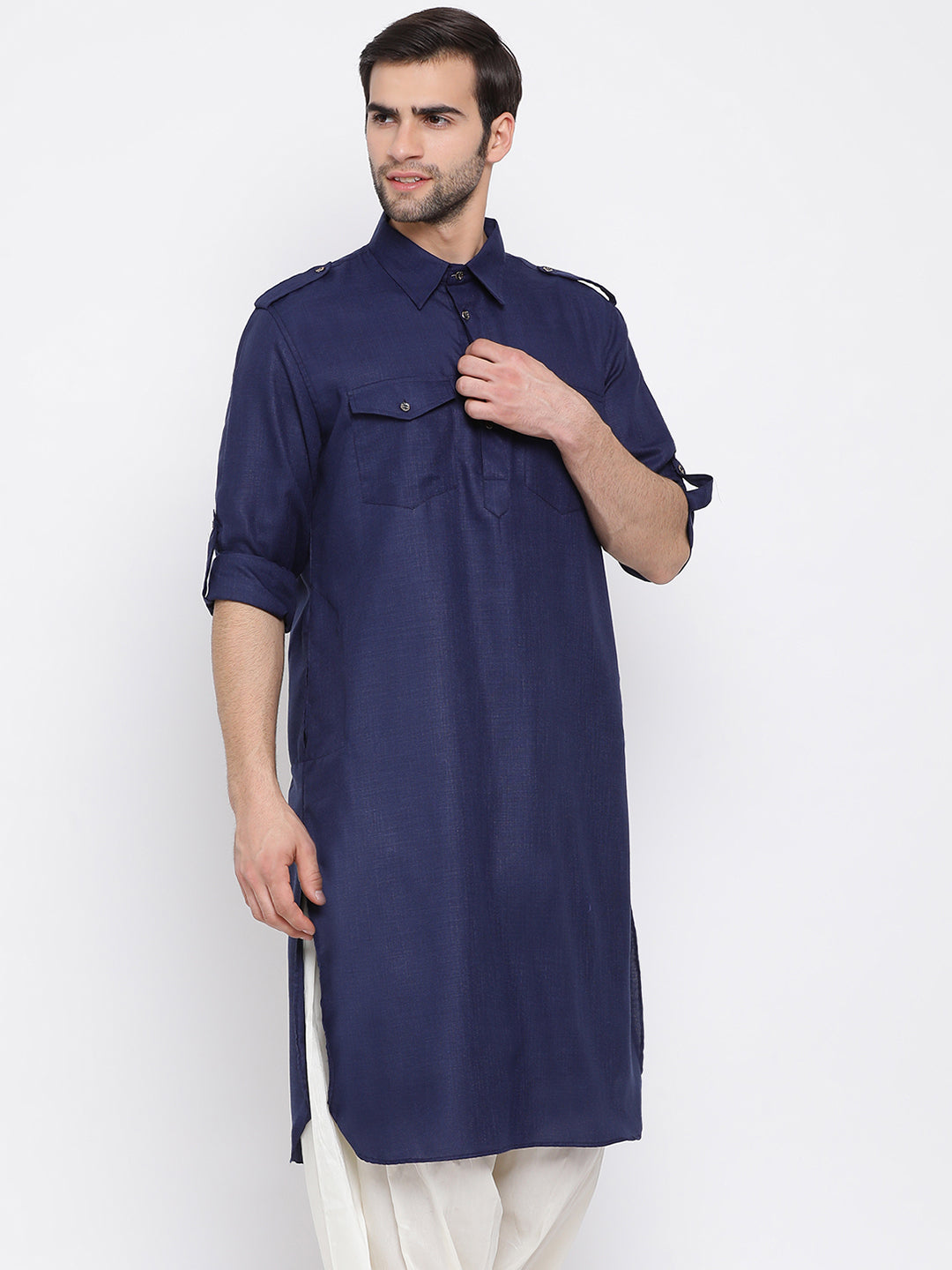 Men's Blue Cotton Blend Pathani Kurta