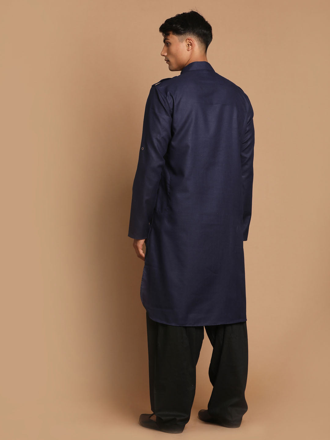 Men's Blue And Black Cotton Blend Pathani Kurta Set