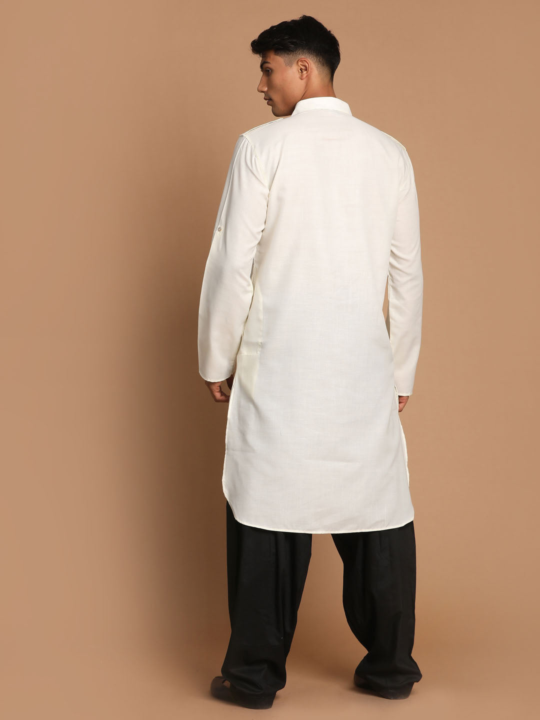 Men's Cream And Black Cotton Blend Pathani Kurta Set