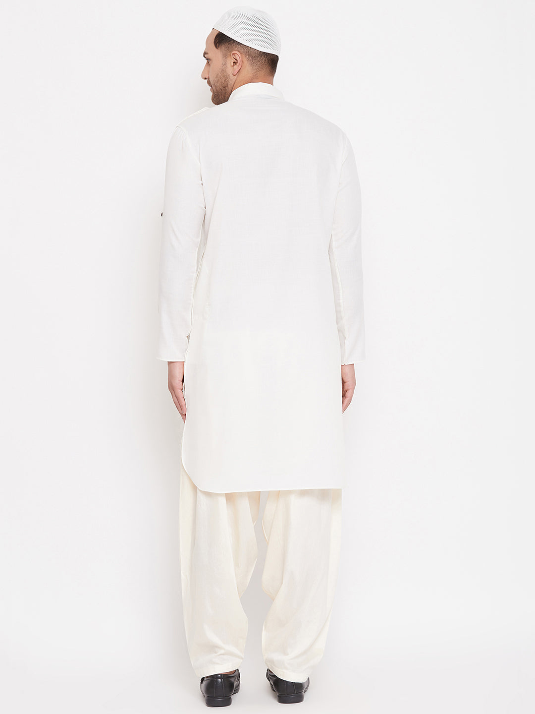 Men's Cream And White Cotton Blend Pathani Kurta Set