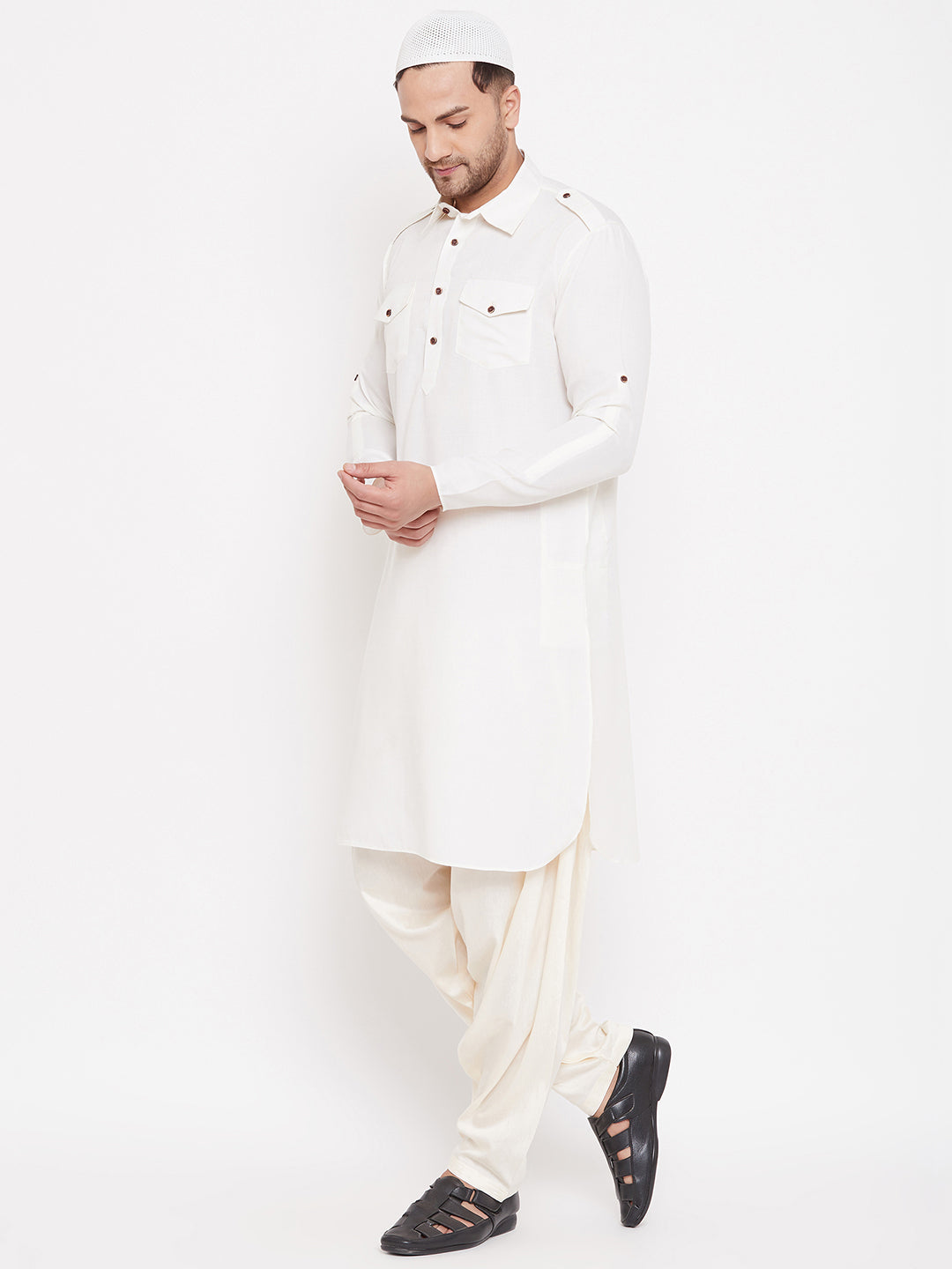 Men's Cream And White Cotton Blend Pathani Kurta Set