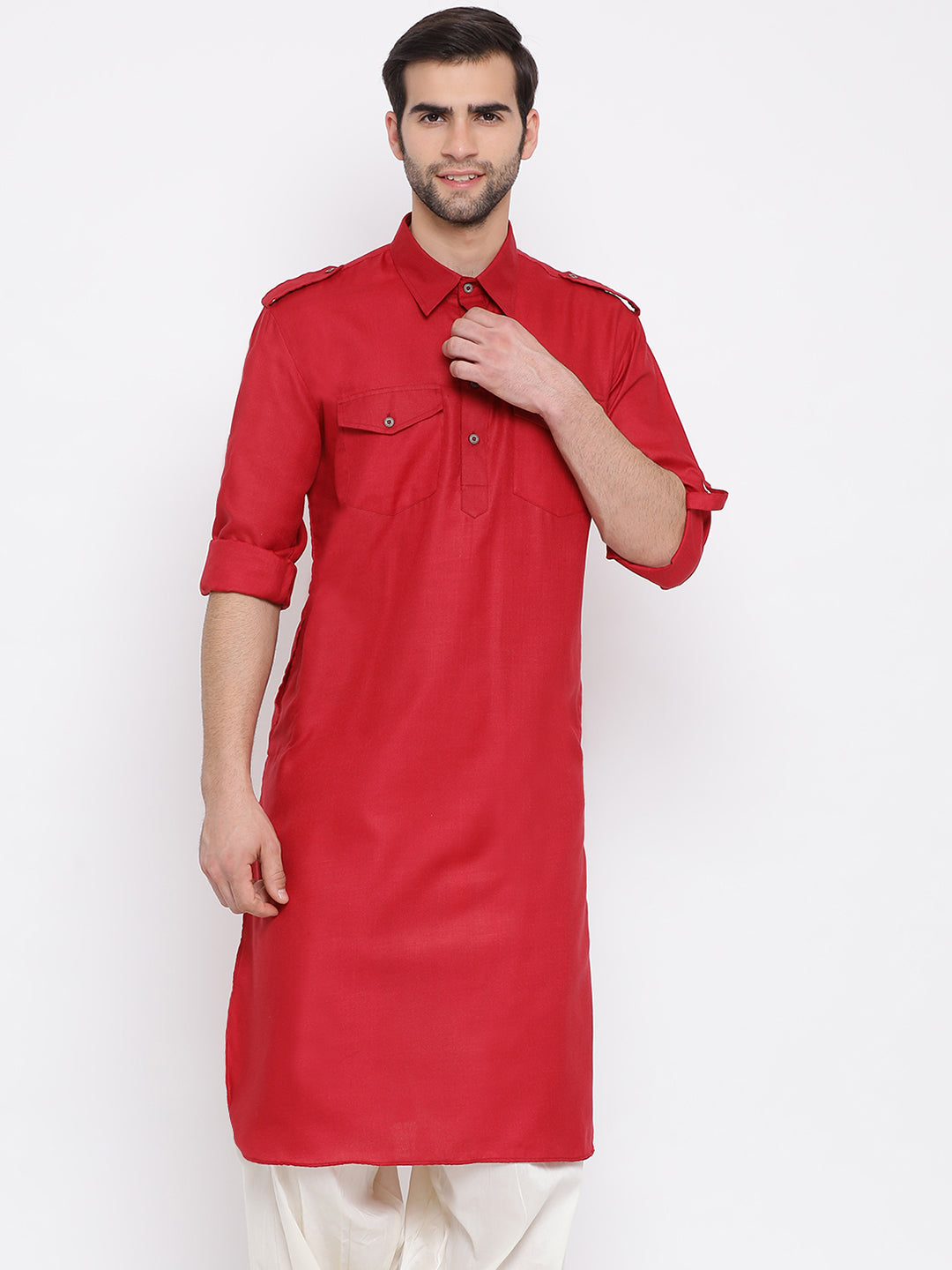 Men's Maroon Cotton Blend Pathani Kurta