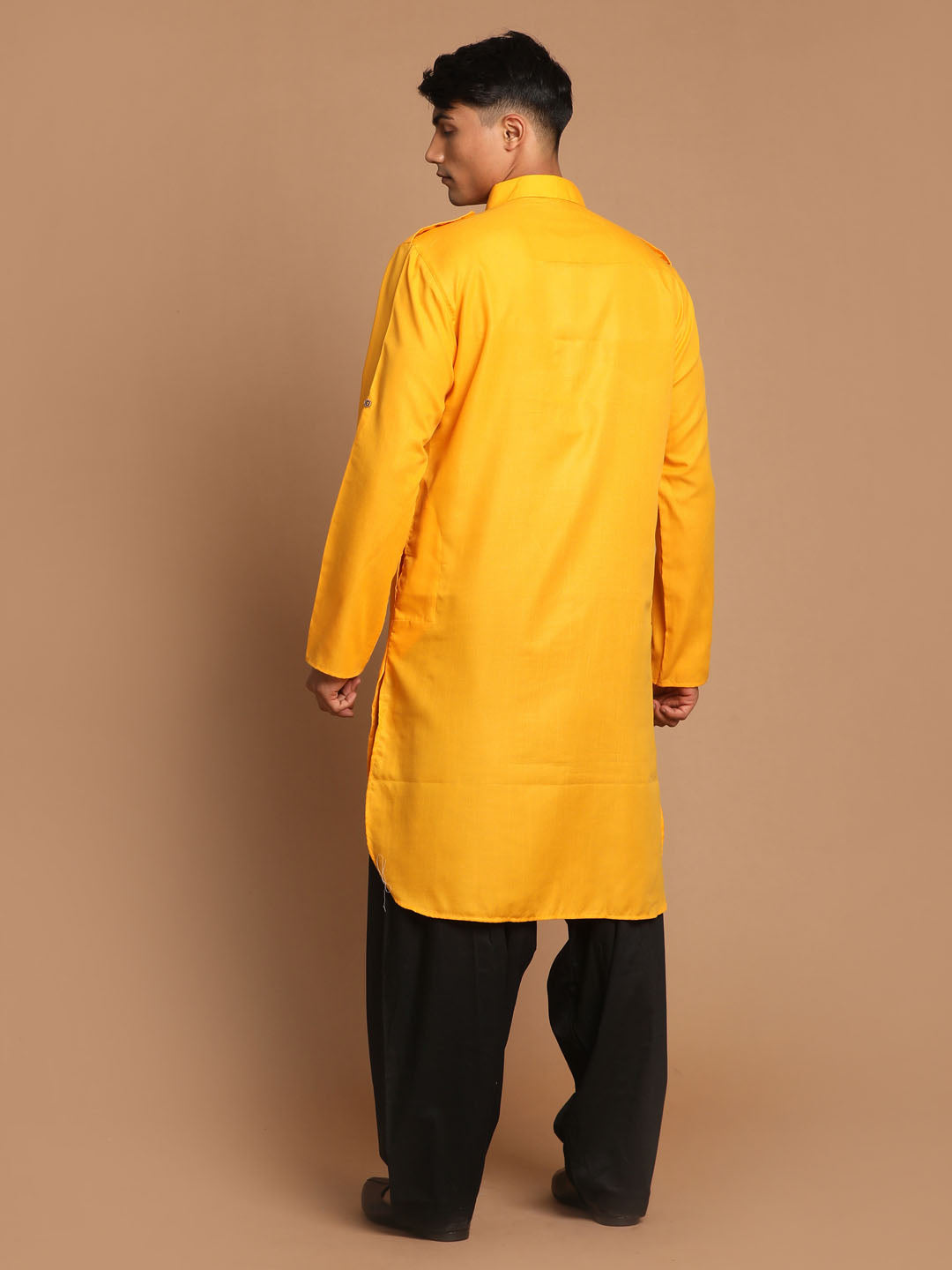 Men's Mustard And Black Cotton Blend Pathani Kurta Set