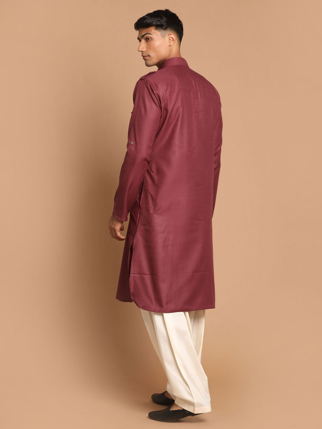 Men's Purple And Cream Cotton Blend Pathani Kurta Set