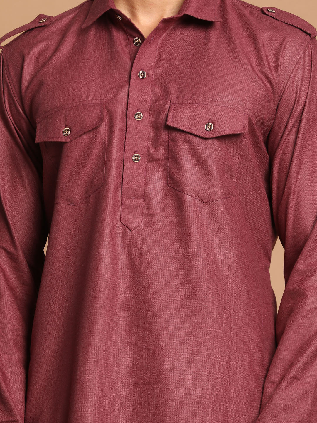 Men's Purple And Cream Cotton Blend Pathani Kurta Set