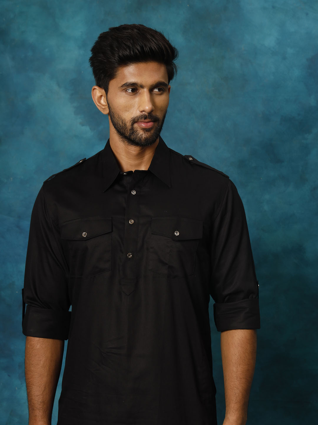 Men's Black Cotton Blend Pathani Kurta Set