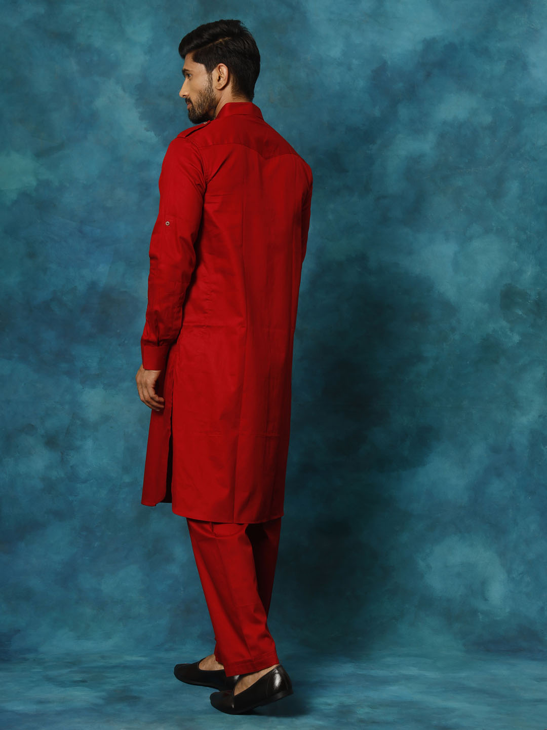 Men's Maroon Cotton Blend Pathani Kurta Set