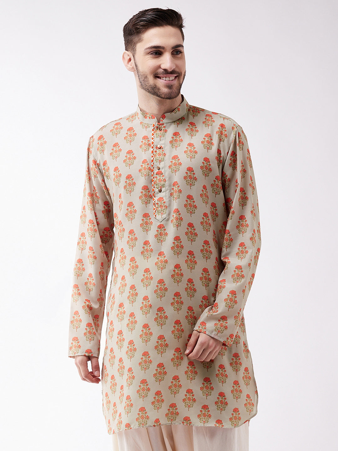 Men's Multicolor-Base-Cream Muslin Cotton Kurta