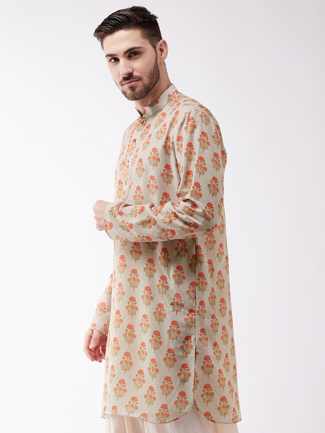 Men's Multicolor-Base-Cream Muslin Cotton Kurta