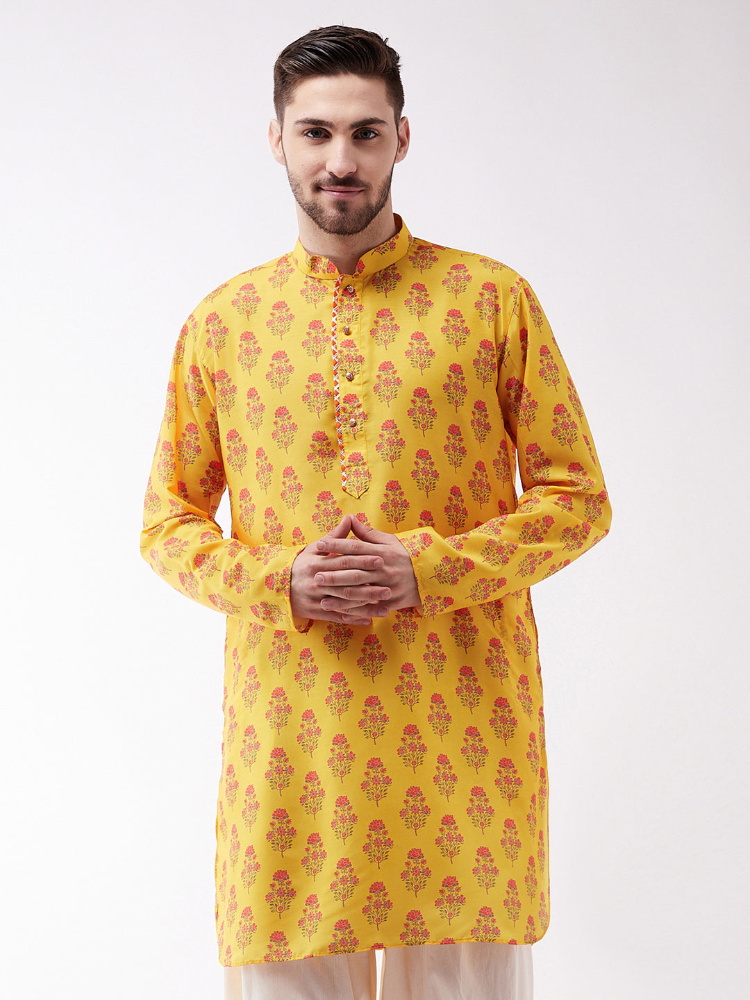 Men's Multicolor-Base-Mustard Muslin Cotton Kurta