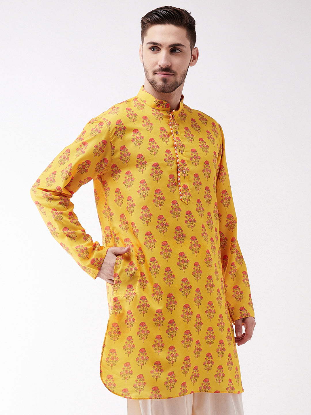 Men's Multicolor-Base-Mustard Muslin Cotton Kurta