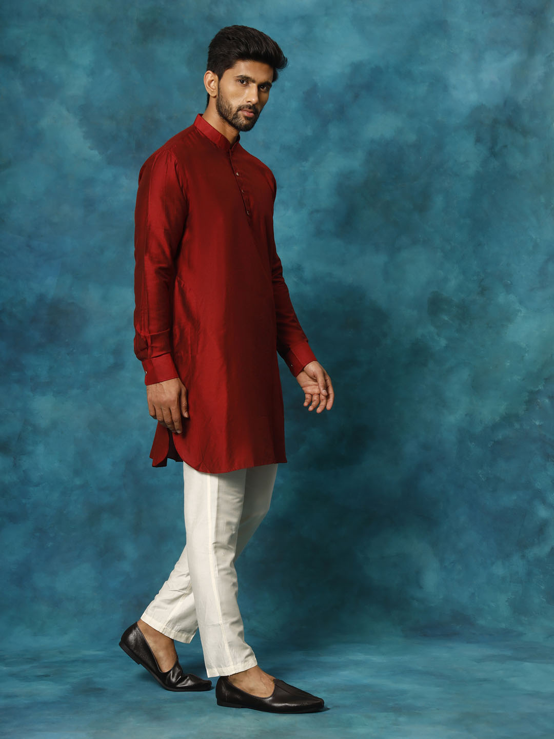 Men's Maroon And Cream Viscose Kurta Pyjama Set