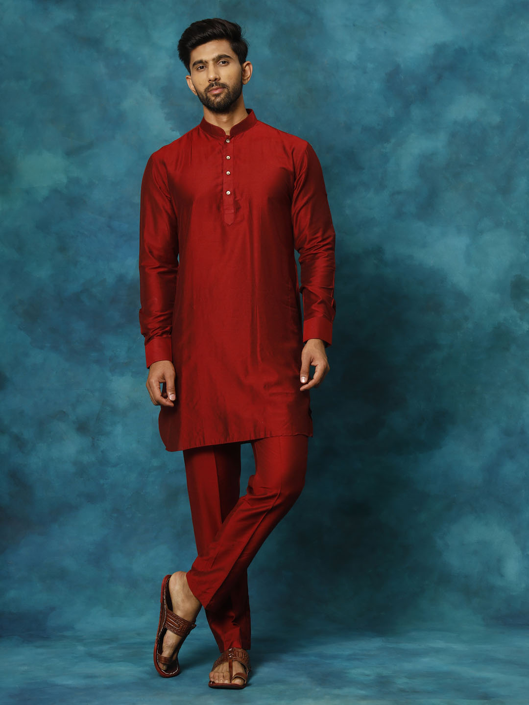 Men's Maroon Viscose Kurta Pyjama Set