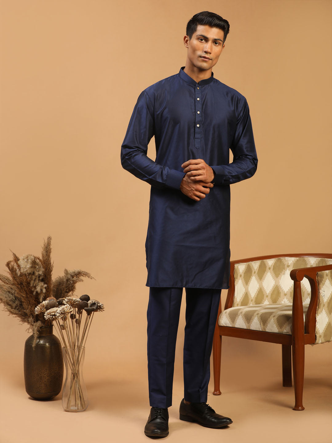 Men's Navy Blue Viscose Kurta Pyjama Set