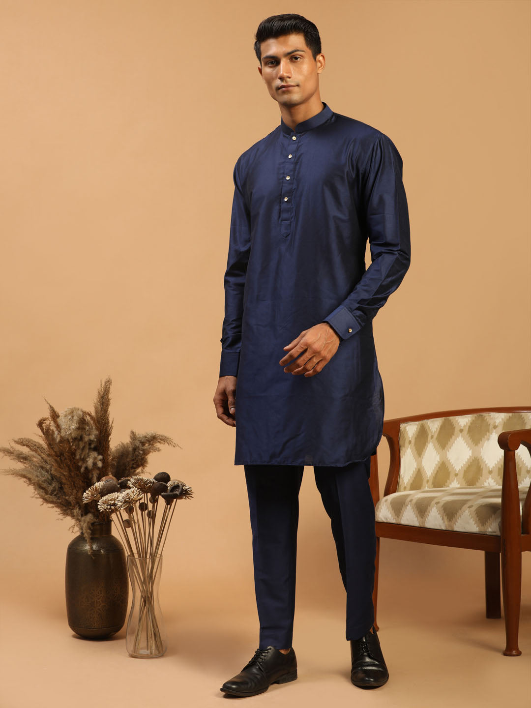 Men's Navy Blue Viscose Kurta Pyjama Set