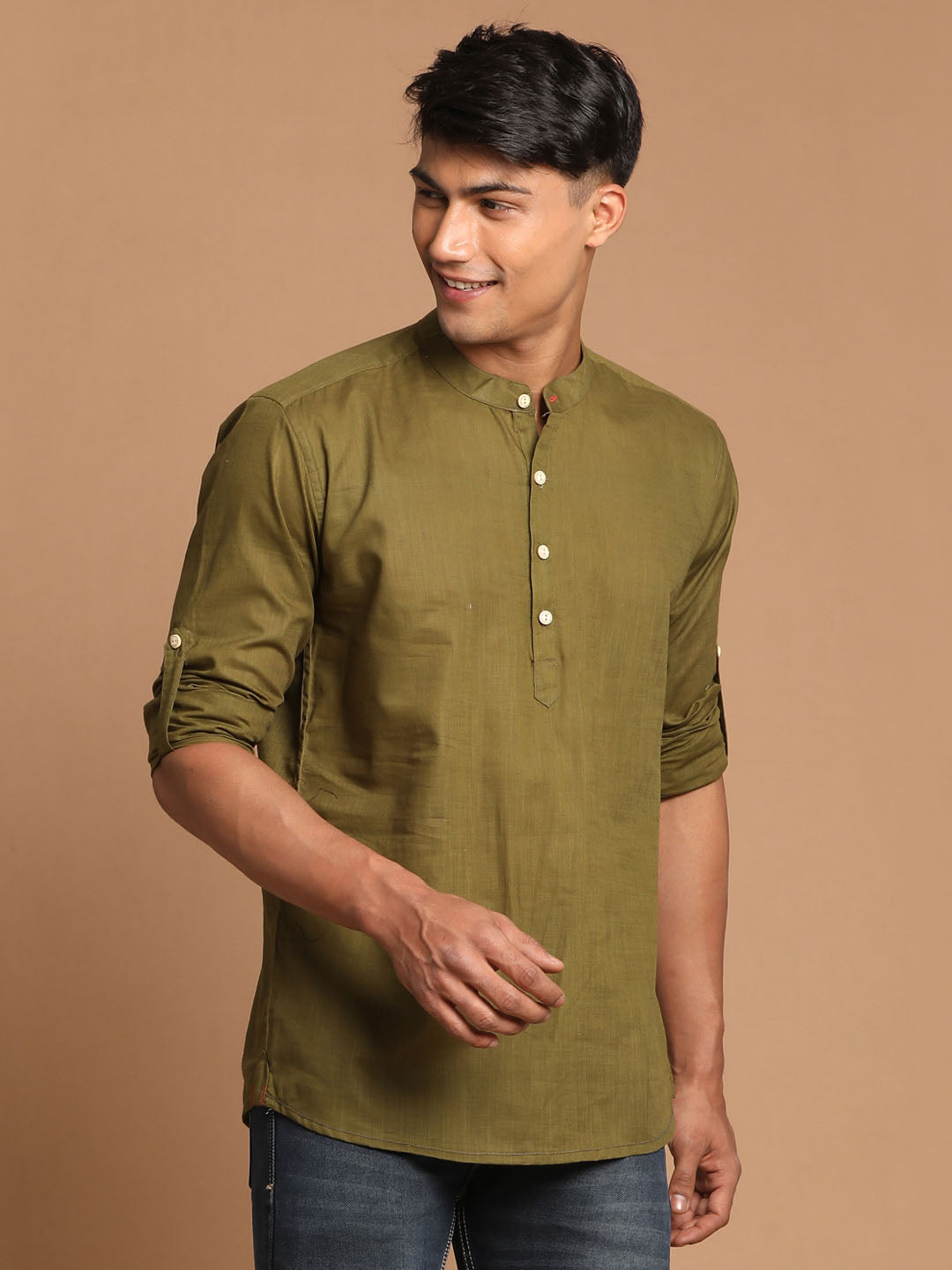 Men's Dark Green Cotton Blend Short Kurta