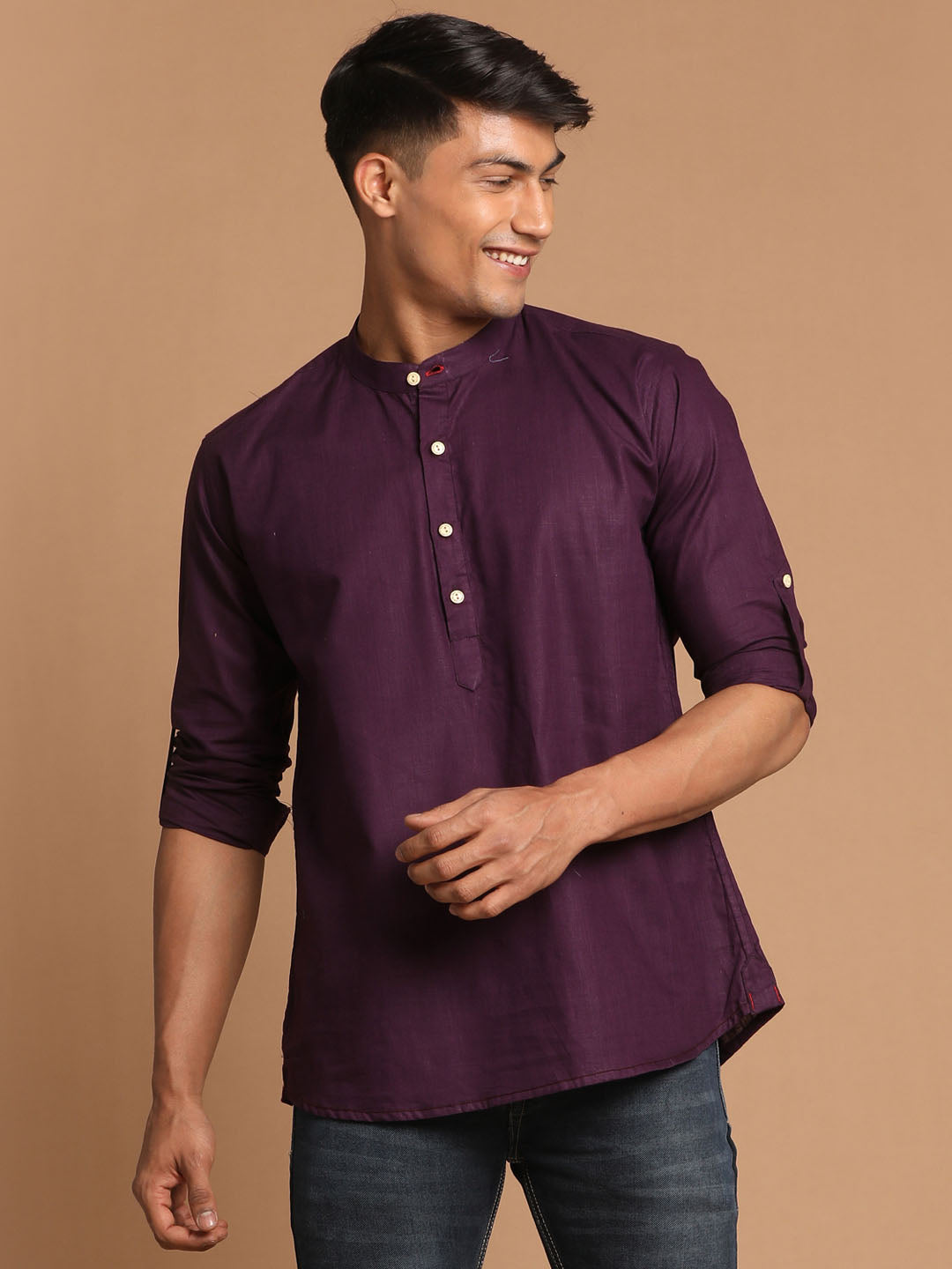 Men's Purple Cotton Blend Short Kurta