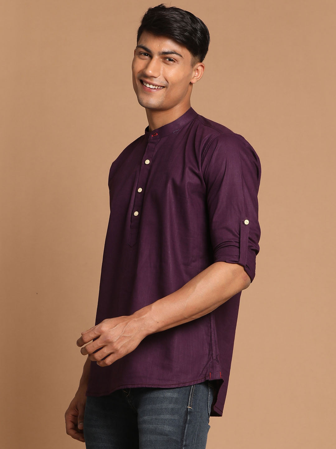 Men's Purple Cotton Blend Short Kurta