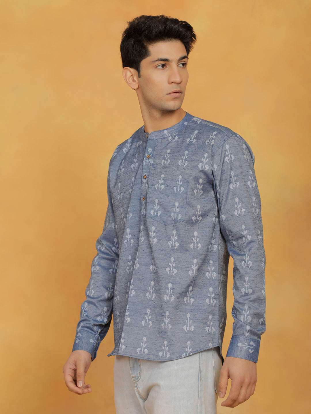 Men's Blue Cotton Short Kurta