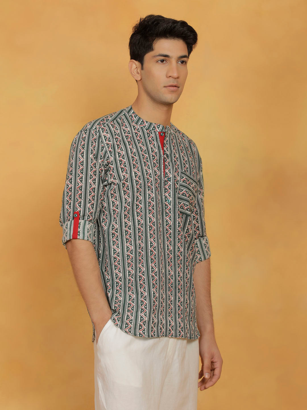 Men's Green Cotton Short Kurta