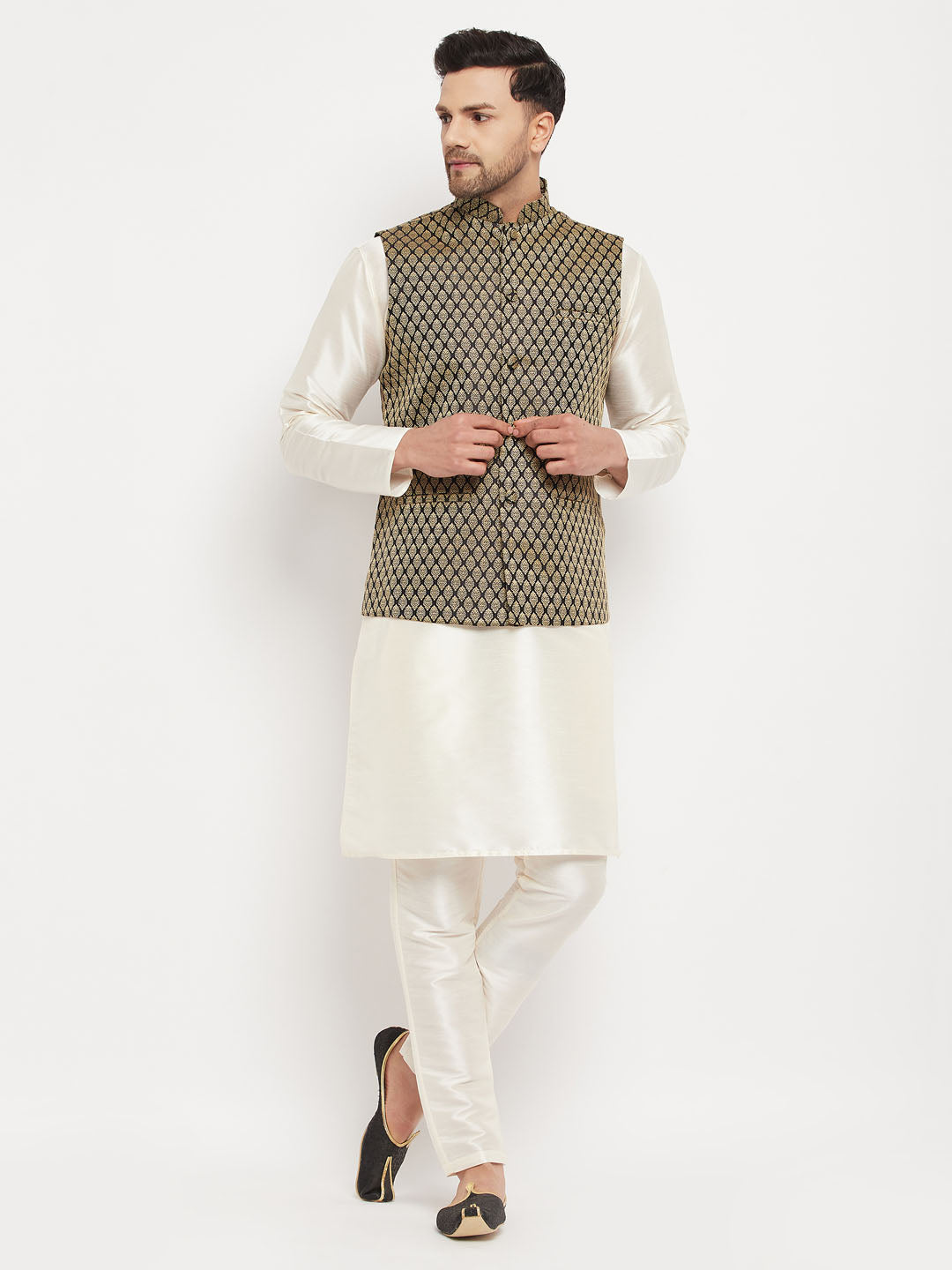 Men's Cream And Black Silk Blend Jacket, Kurta and Pyjama Set