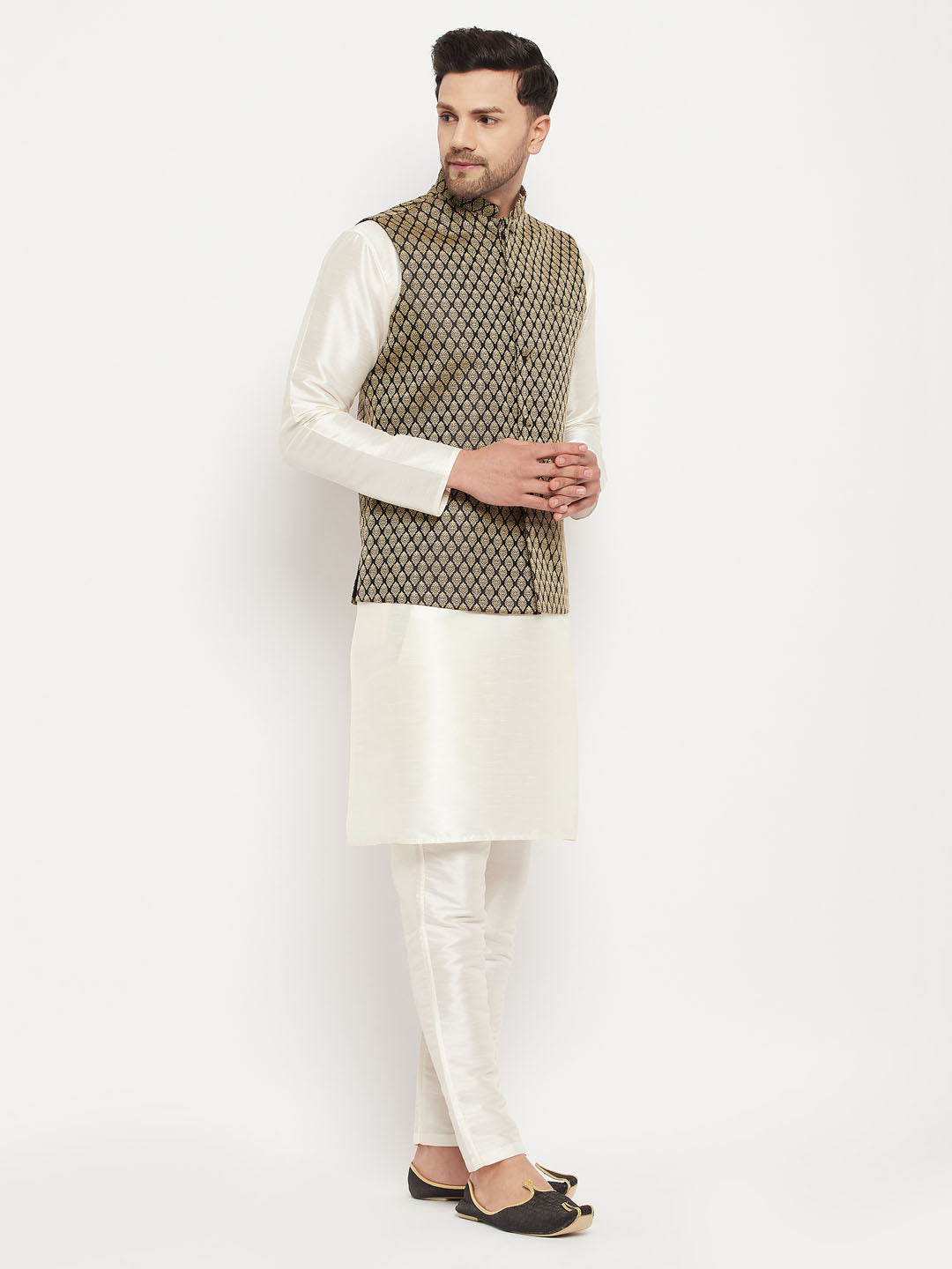 Men's Cream And Black Silk Blend Jacket, Kurta and Pyjama Set