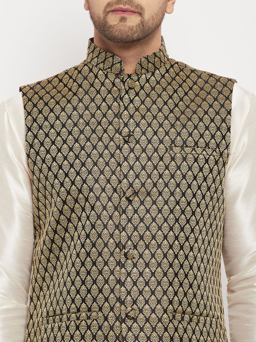 Men's Cream And Black Silk Blend Jacket, Kurta and Pyjama Set