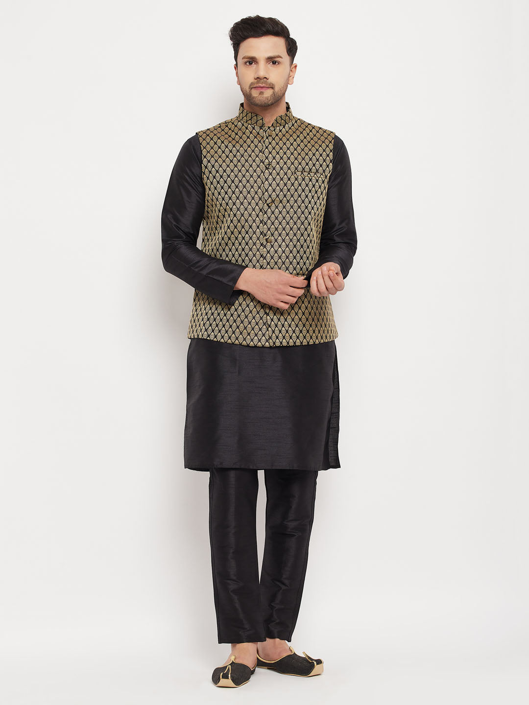 Men's Black Silk Blend Jacket, Kurta and Pyjama Set