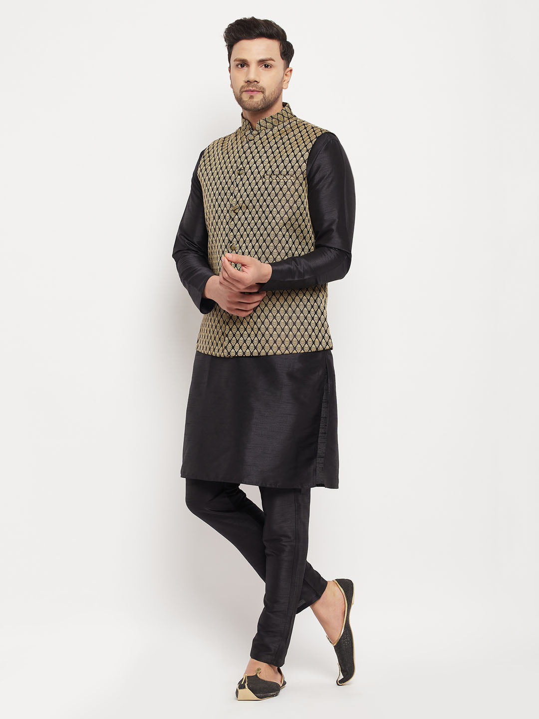 Men's Black Silk Blend Jacket, Kurta and Pyjama Set