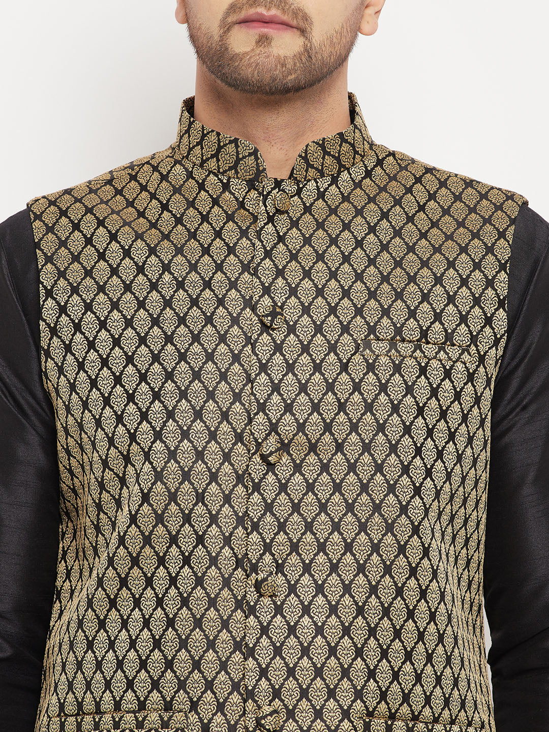 Men's Black Silk Blend Jacket, Kurta and Pyjama Set