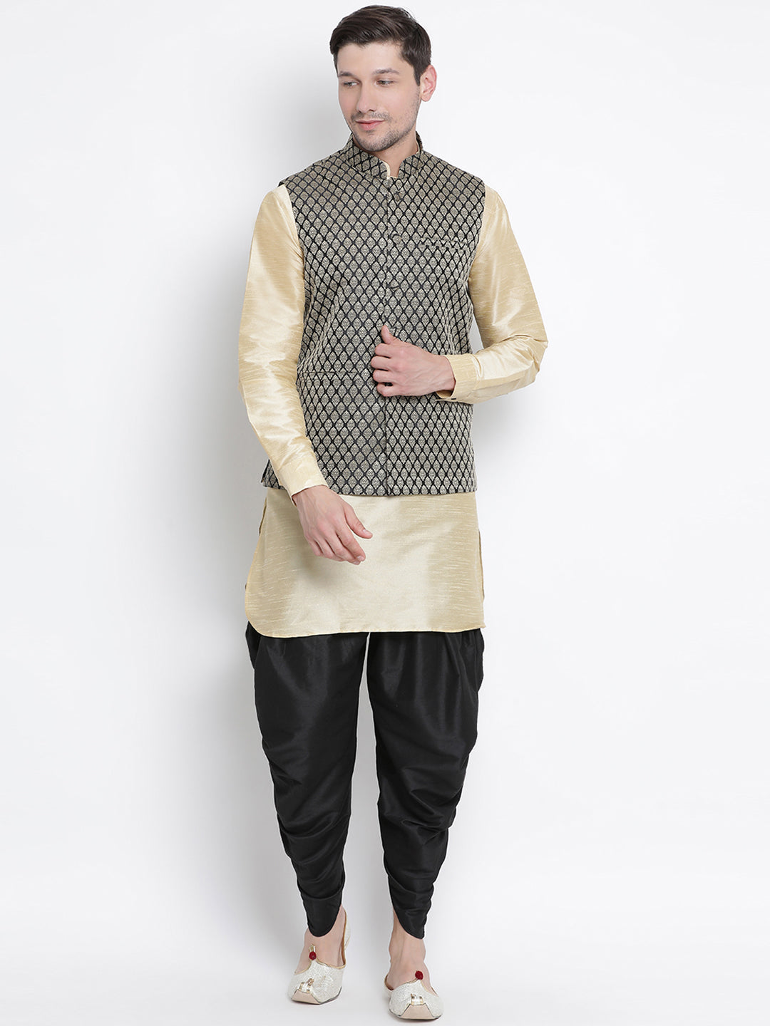 Men's Gold Silk Blend Jacket, Kurta and Dhoti Set