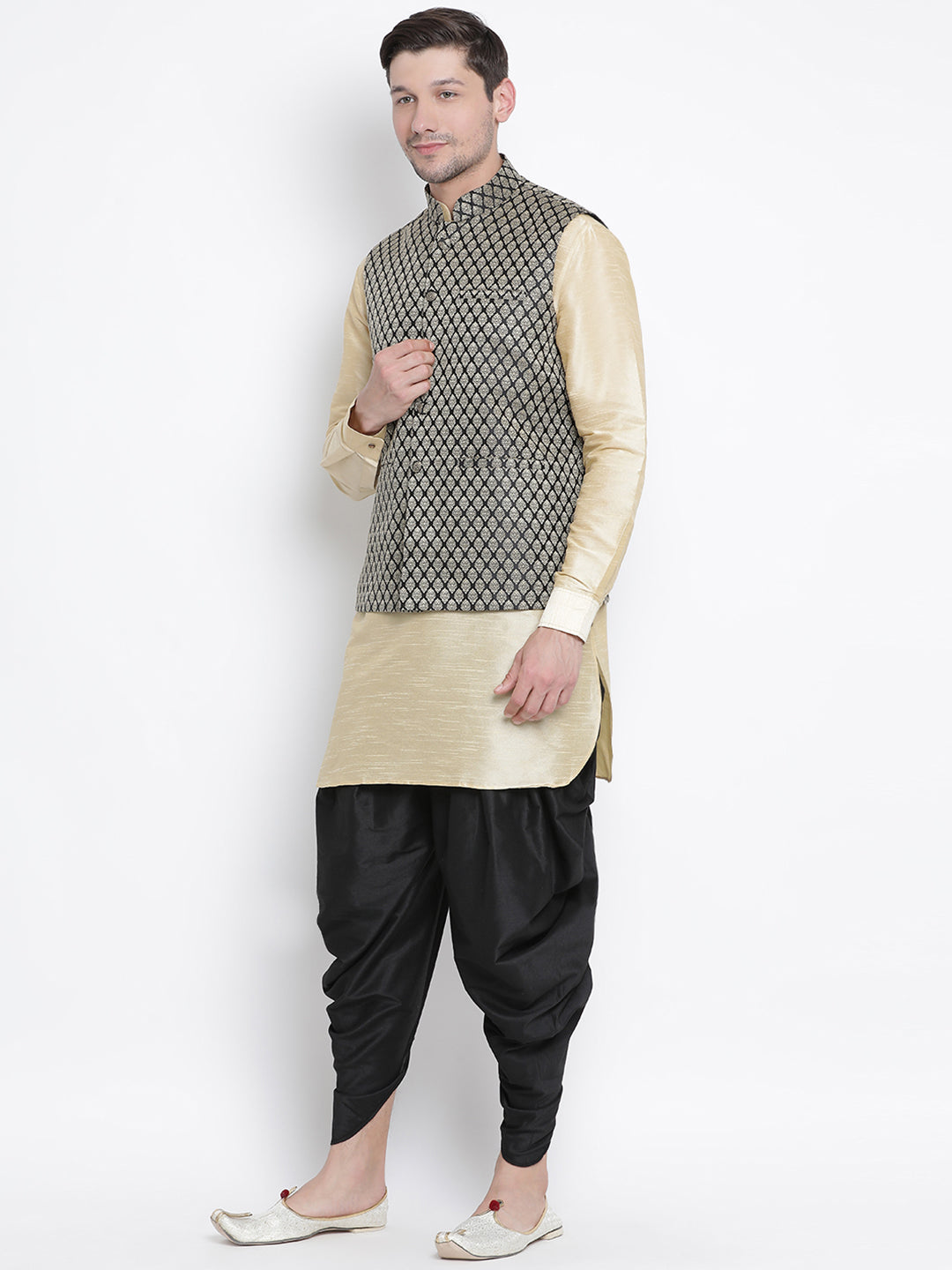 Men's Gold Silk Blend Jacket, Kurta and Dhoti Set