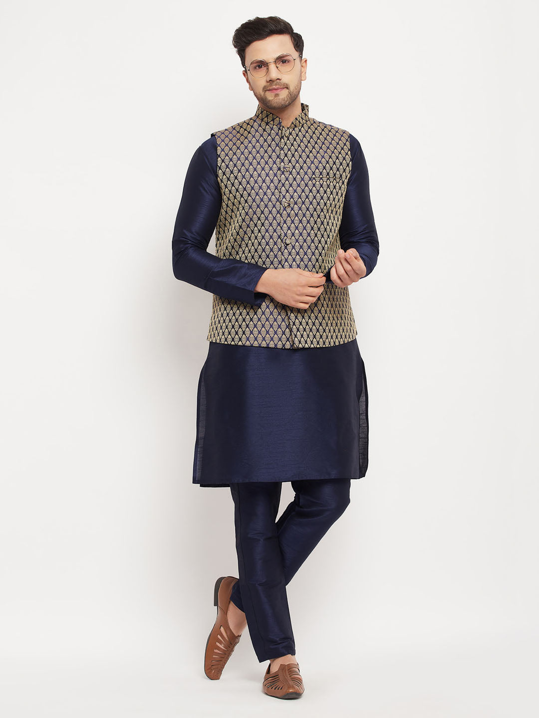 Men's Navy Blue Silk Blend Jacket, Kurta and Pyjama Set