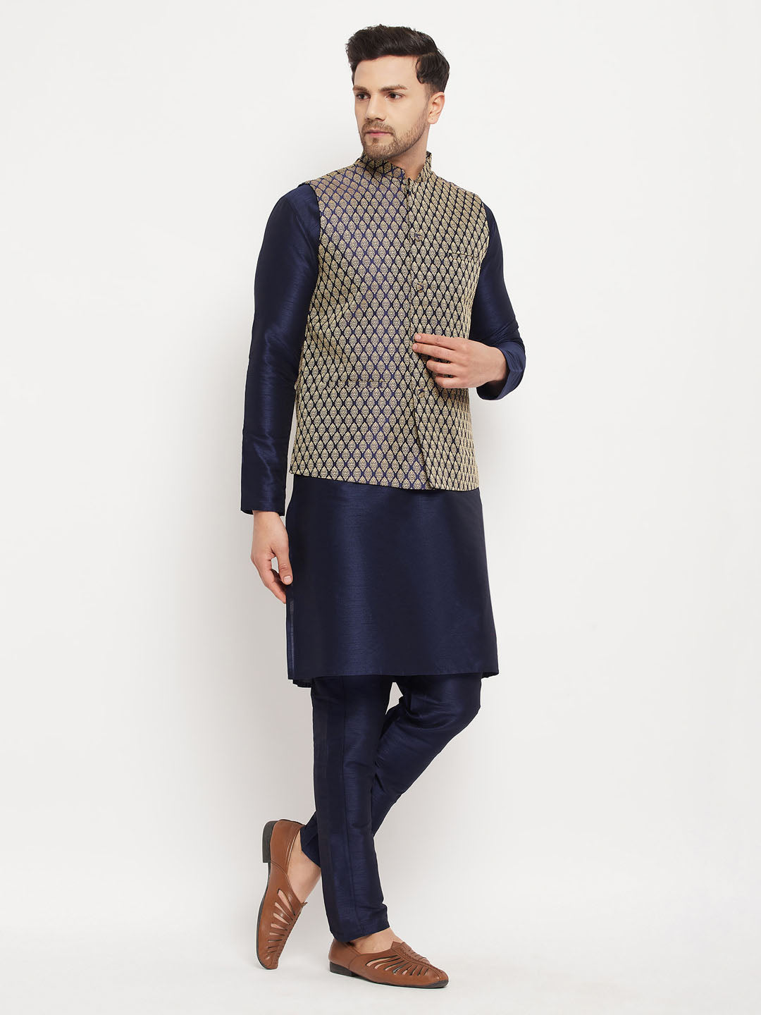 Men's Navy Blue Silk Blend Jacket, Kurta and Pyjama Set