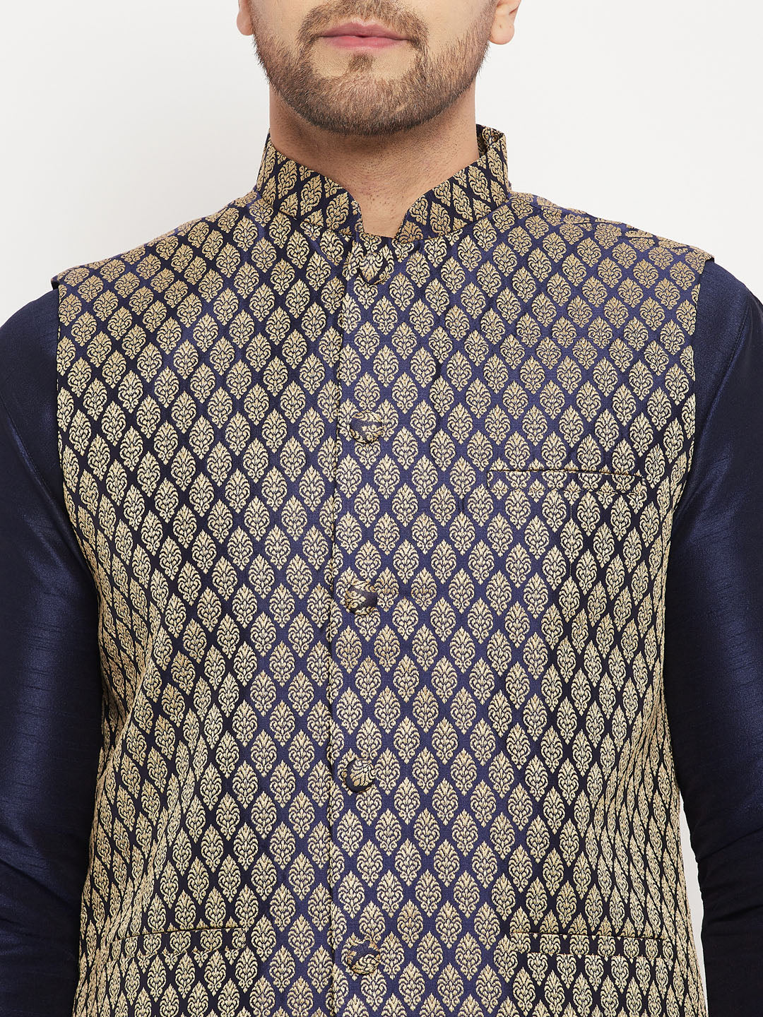 Men's Navy Blue Silk Blend Jacket, Kurta and Pyjama Set