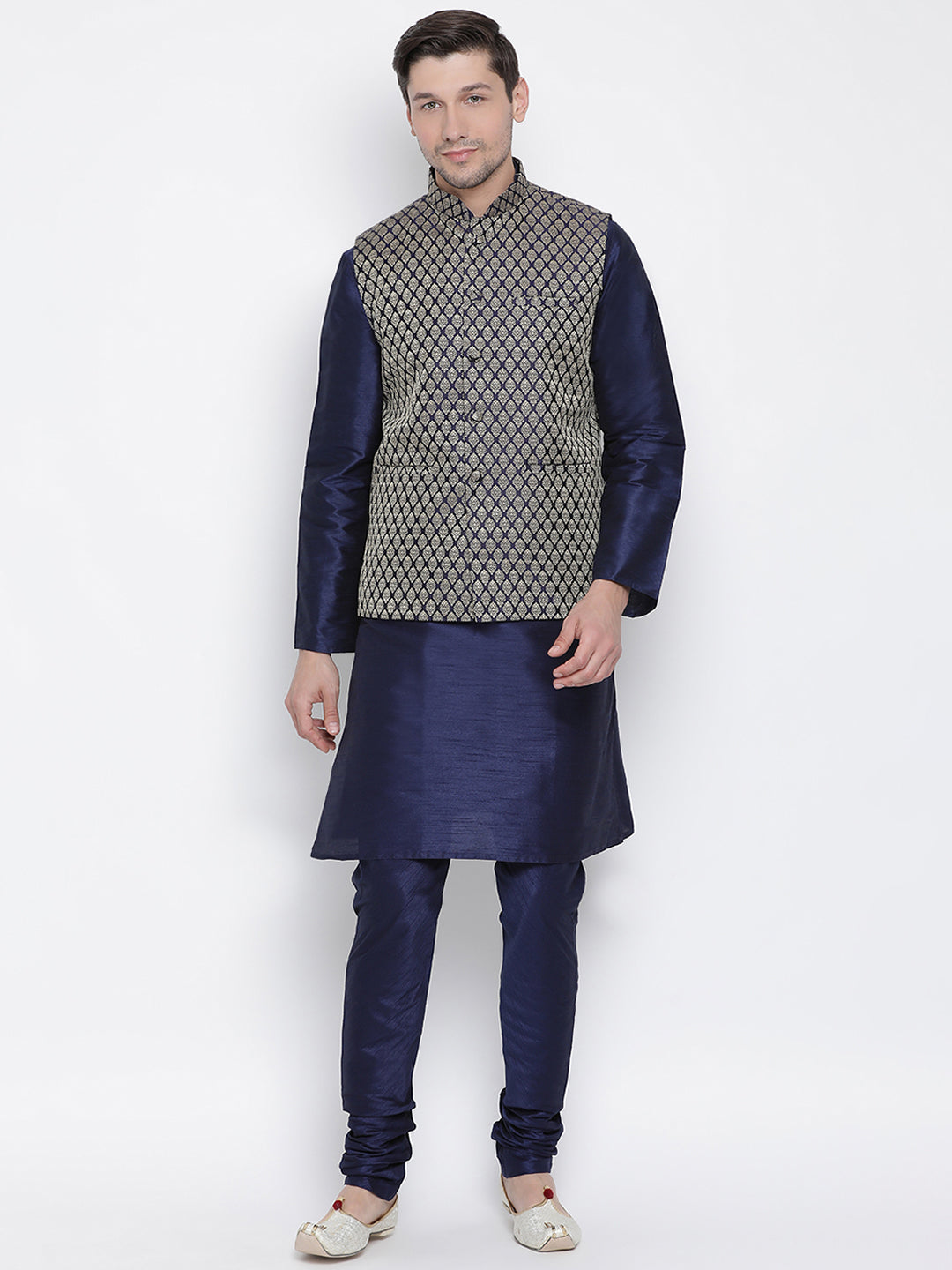 Men's Deep Blue Silk Blend Jacket, Kurta and Pyjama Set