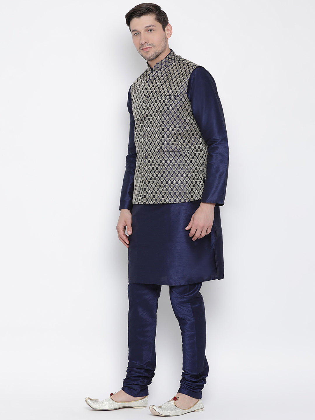 Men's Deep Blue Silk Blend Jacket, Kurta and Pyjama Set