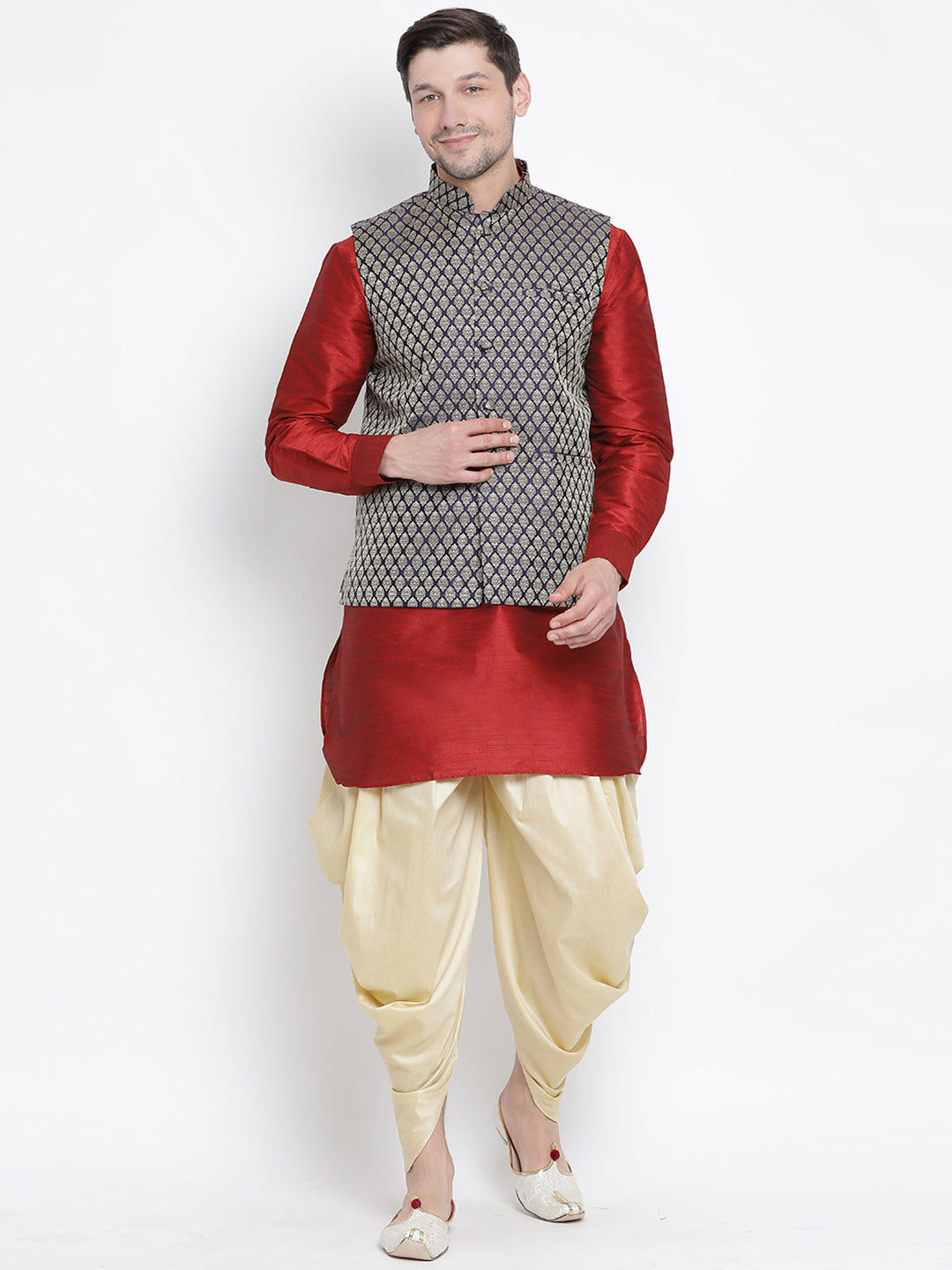 Men's Maroon Silk Blend Jacket, Kurta and Dhoti Set