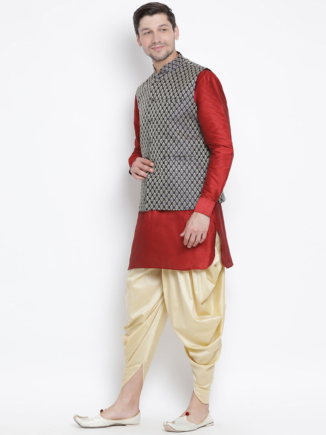 Men's Maroon Silk Blend Jacket, Kurta and Dhoti Set