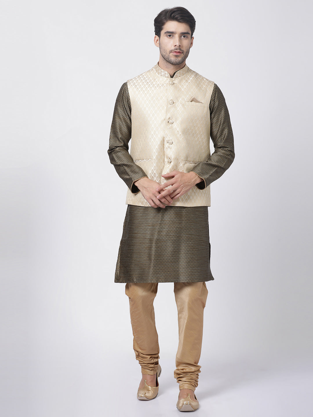 Men's Black Silk Blend Jacket, Kurta and Pyjama Set