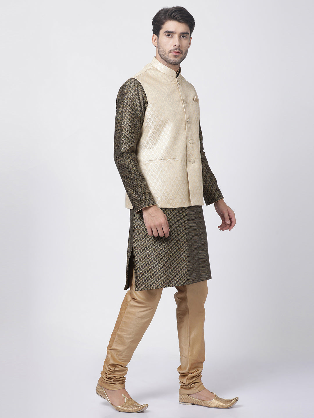 Men's Black Silk Blend Jacket, Kurta and Pyjama Set