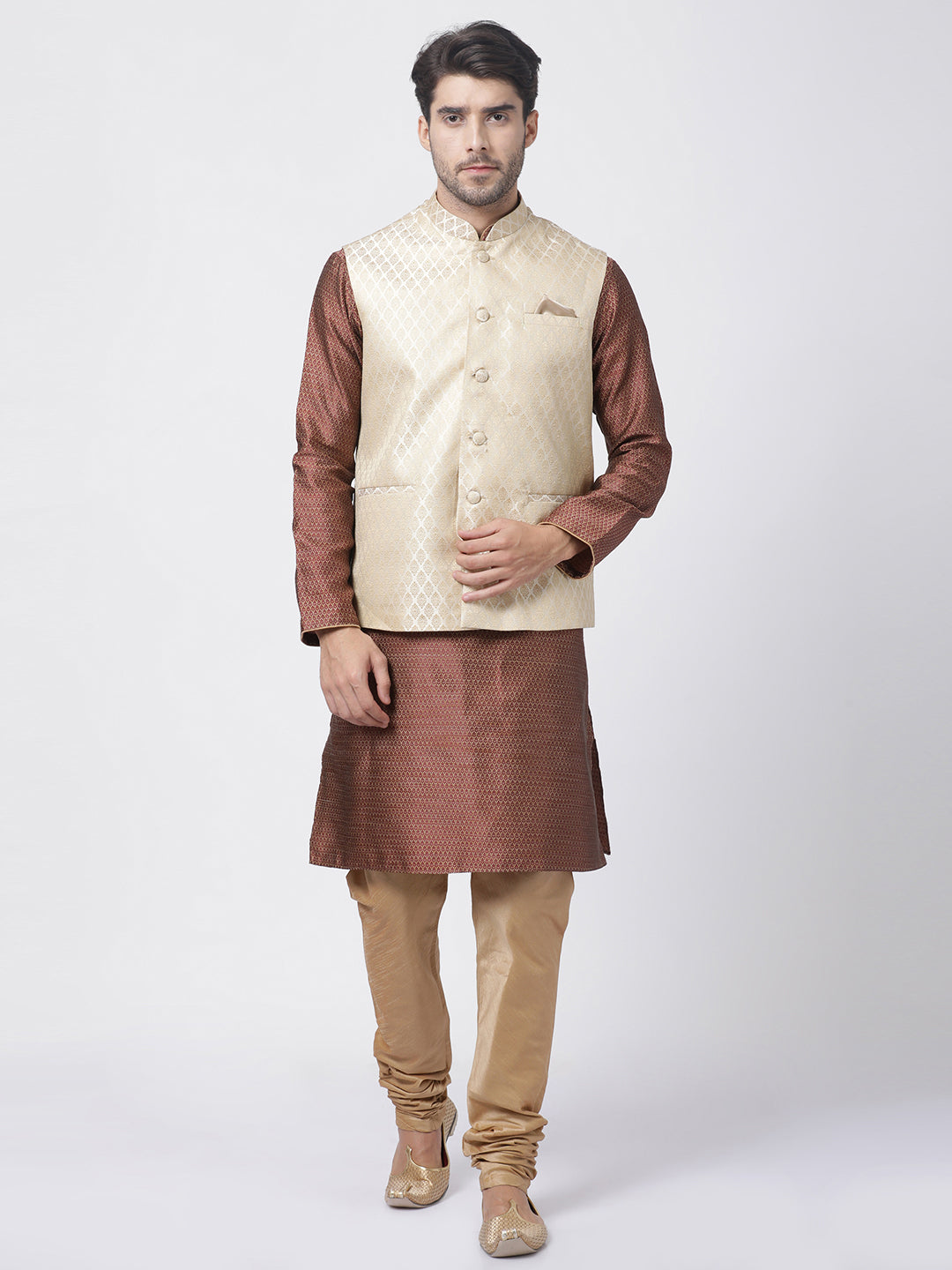 Men's Maroon Silk Blend Jacket, Kurta and Pyjama Set