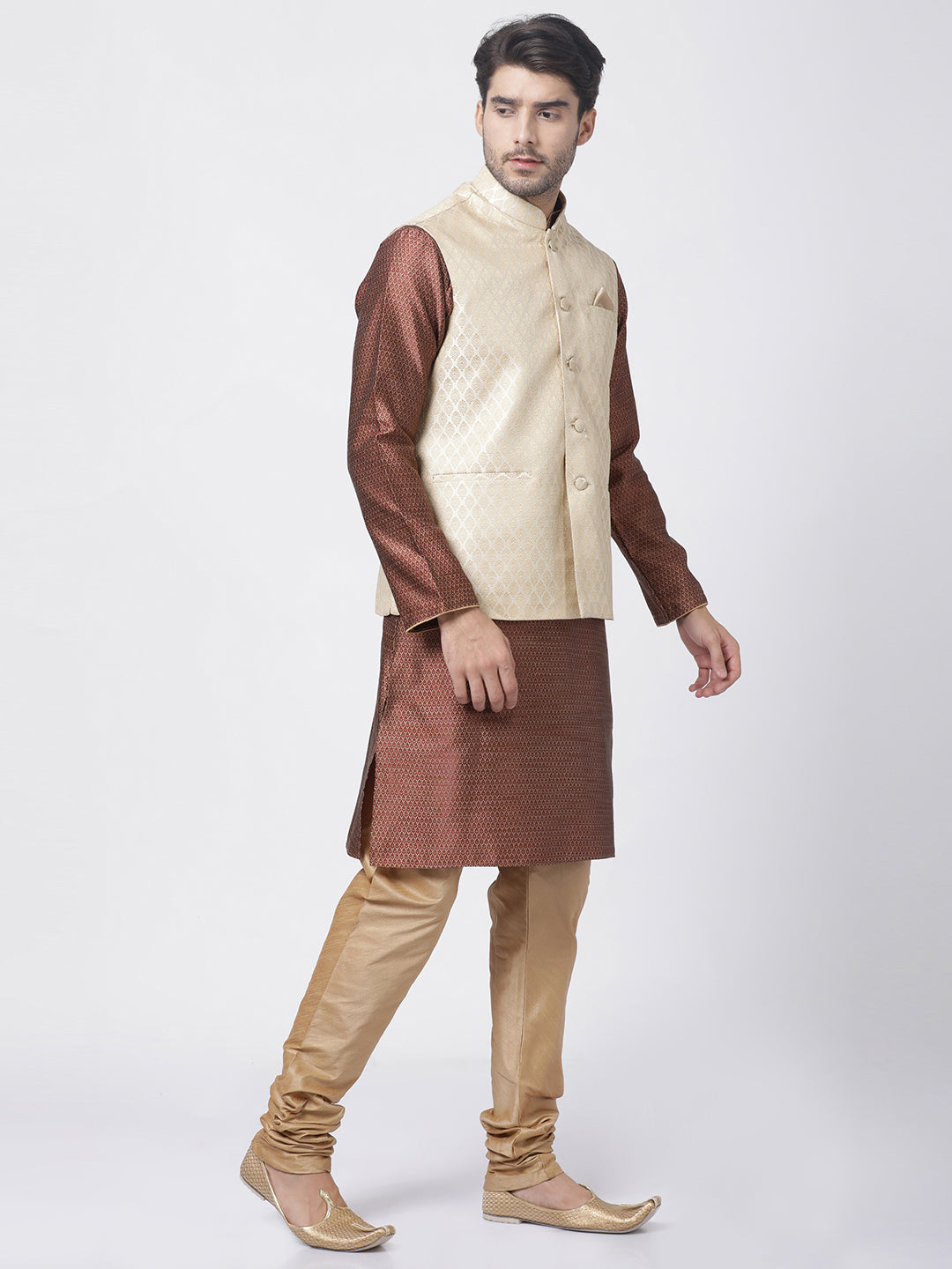 Men's Maroon Silk Blend Jacket, Kurta and Pyjama Set