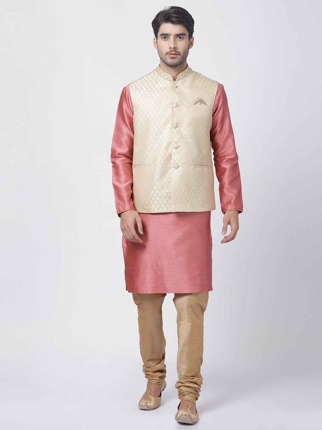 Men's Pink Silk Blend Jacket, Kurta and Pyjama Set