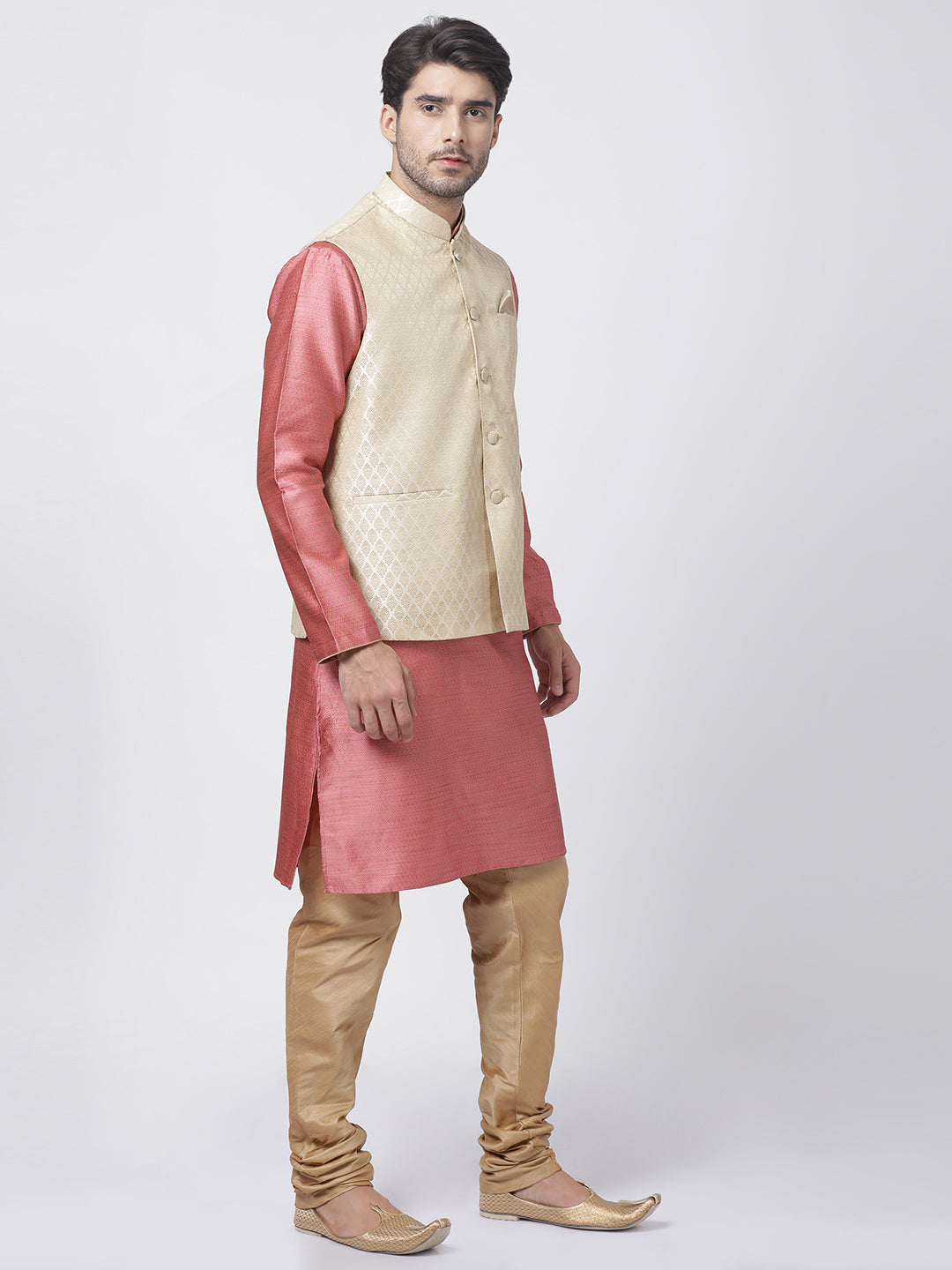 Men's Pink Silk Blend Jacket, Kurta and Pyjama Set