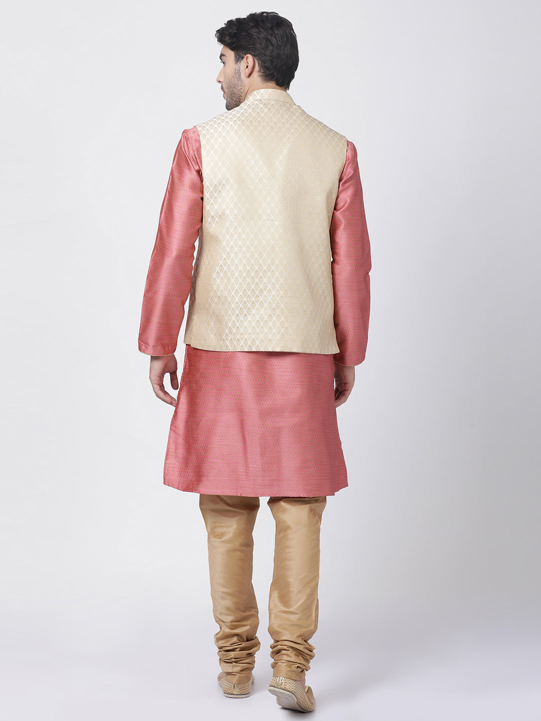 Men's Pink Silk Blend Jacket, Kurta and Pyjama Set